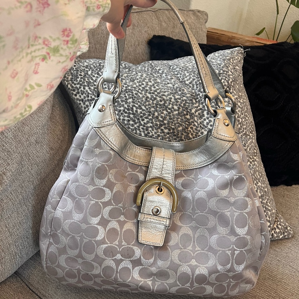 Coach Soho Signature Metallic Silver Gray Purple Sateen Buckle Hobo Shoulder Bag - Picture 10 of 10